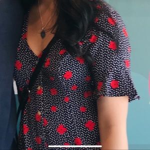 flowy abstract navy blue and red print dress